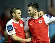 19 April 2013; Killian Brennan, right, St Patrick’s Athletic, celebrates after scoring his side's second goal with team-mate John Russell. Airtricity League Premier Division, St Patrick’s Athletic v Sligo Rovers, Richmond Park, Dublin. Picture credit: David Maher / SPORTSFILE
