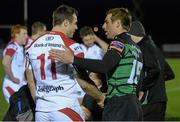 19 April 2013; Tommy Bowe, Ulster, and Gavin Duffy, Connacht, exchange a handshake after the game. Celtic League 2012/13, Round 21, Connacht v Ulster, Sportsground, Galway. Picture credit: Diarmuid Greene / SPORTSFILE