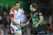 19 April 2013; Ulster's Tommy Bowe and Connacht's Brian Murphy exchange a handshake after the Celtic League 2012/13 Round 21 match between Connacht and Ulster at Sportsground in Galway. Photo by Diarmuid Greene/Sportsfile
