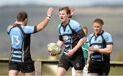 20 April 2013; Shannon's Shane McNamara, centre, celebrates with team-mates Eric Maloney, left, and Emmet McLoughlin, right, after scoring his side's last try. Ulster Bank League, Division 1A, Shannon v Lansdowne, Coonagh, Limerick. Picture credit: Diarmuid Greene / SPORTSFILE