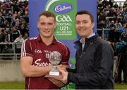 20 April 2013; Seán Moran, Galway, who was presented with the Cadbury Hero of the Match Award by Shane Guest, Senior Brand Manager, Cadbury Ireland. Cadbury GAA Football Under 21 All-Ireland Championship, Semi-Final, Galway v Kildare, O'Connor Park, Tullamore, Co. Offaly. Photo by Sportsfile