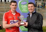 20 April 2013; Mark Sugrue, Cork, who was presented with the Cadbury Hero of the Match Award by Shane Guest, Senior Brand Manager, Cadbury Ireland. Cadbury GAA Football Under 21 All-Ireland Championship, Semi-Final, Cavan v Cork, O'Connor Park, Tullamore, Co. Offaly. Photo by Sportsfile