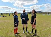 20 April 2013; Referee Colin Burkley tosses the coin in the presence of Mullingar captain Niamh Kennedy, left, and Garda's Nuala Kelly. Plate Final, Mullingar v Garda, Seapoint RFC, Killiney, Co. Dublin. Picture credit: Matt Browne / SPORTSFILE