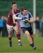 20 April 2013; Chris Guckian, Dublin, in action against Mark Hehir, Galway. Opening of the new pitch at Round Tower GAA Club, Dublin v Galway, Round Tower GAA club, Monastery Road, Clondalkin, Dublin. Picture credit: Barry Cregg / SPORTSFILE