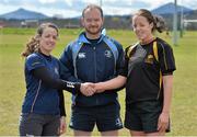 20 April 2013; Mullingar captain Niamh Kennedy, left, and Garda's Nuala Kelly shake hands in front of referee Colin Burkley before the start of the game. Plate Final, Mullingar v Garda, Seapoint RFC, Killiney, Co. Dublin. Picture credit: Matt Browne / SPORTSFILE