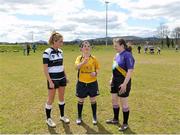 20 April 2013; Referee Fiona McCann tosses the coin in the presence of Old Belvedere J2s captain Mary McMahon, left, and Railway Union J1s captain Jude Clearly. Leinster Shield Final, Old Belvedere J2s v Railway Union J1s, Seapoint RFC, Killiney, Co. Dublin. Picture credit: Matt Browne / SPORTSFILE