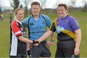 20 April 2013; Cill Dara captain Sarah Pickford, left, and Railway Union captain Aoife Maher shake hands in front of referee Garreth Crawford before the start of the game. Paul Cusack Cup Final, Cill Dara v Railway Union, Seapoint RFC, Killiney, Co. Dublin. Picture credit: Matt Browne / SPORTSFILE