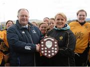 20 April 2013; Stuart Bayley, from Leinster Rugby, presents Garda captain Aine O'Sullivan with the Plate Triphy. Plate Final, Mullingar v Garda, Seapoint RFC, Killiney, Co. Dublin. Picture credit: Matt Browne / SPORTSFILE