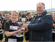 20 April 2013; Stuart Bayley, from Leinster Rugby, presents Old Belvedere captain Carol Murphy with the Paul Flood Cup. Paul Flood Cup Final, Old Belvedere v Galwegians, Seapoint RFC, Killiney, Co. Dublin. Picture credit: Matt Browne / SPORTSFILE