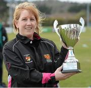 20 April 2013; Aisling Green, from Carlow Coyotes Rugby Club, with the Leinster Women's Rugby Club of the Year Award, supported by Kukri. Paul Flood Cup Final, Old Belvedere v Galwegians, Seapoint RFC, Killiney, Co. Dublin. Picture credit: Matt Browne / SPORTSFILE