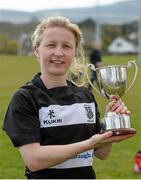20 April 2013; Old Belvedere captain Carol Murphy, from Crecora, Co. Limerick, with the Paul Flood Cup after the game. Paul Flood Cup Final, Old Belvedere v Galwegians, Seapoint RFC, Killiney, Co. Dublin. Picture credit: Matt Browne / SPORTSFILE