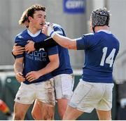 21 April 2013; Ryan O'Loughlin, St. Mary’s, celebrates with team-mates Hugh MacDonnell, partially hidden, and Ian O'Neill, 14, after scoring his side's second try of the game. 98FM Metropolitan Cup Final, Lansdowne v St. Mary’s, Donnybrook Stadium, Donnybrook, Dublin. Picture credit: Pat Murphy / SPORTSFILE