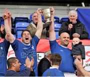 21 April 2013; St. Mary’s captain Mark Donnellan, left, and team-mate Gareth Logan, holding his 6 and a half month old son Thomas, lift the cup. 98FM Metropolitan Cup Final, Lansdowne v St. Mary’s, Donnybrook Stadium, Donnybrook, Dublin. Picture credit: Pat Murphy / SPORTSFILE