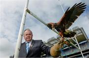 22 April 2013; Uachtarán Chumann Lúthchleas Gael Liam Ó Néill is joined by Tom, the Harris Hawk, to announce Specsavers' sponsorship of the new Hawkeye point detection technology for both hurling and football at Croke Park. The new system, which will be first utilised on 1st June at the Leinster GAA Football Senior Championship quarter-final double header, provides real time imagery on the stadium's big screen of a ball's trajectory over the posts to remove any ambiguity over whether a point was scored or missed. Specsavers sponsorship will now mean that any tricky point decision can be made quickly avoiding any 'Should've gone to Specsavers' moments for match officials. Croke Park, Dublin. Photo by Sportsfile