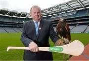 22 April 2013; Uachtarán Chumann Lúthchleas Gael Liam Ó Néill is joined by Tom, the Harris Hawk, to announce Specsavers' sponsorship of the new Hawkeye point detection technology for both hurling and football at Croke Park. The new system, which will be first utilised on 1st June at the Leinster GAA Football Senior Championship quarter-final double header, provides real time imagery on the stadium's big screen of a ball's trajectory over the posts to remove any ambiguity over whether a point was scored or missed. Specsavers sponsorship will now mean that any tricky point decision can be made quickly avoiding any 'Should've gone to Specsavers' moments for match officials. Croke Park, Dublin. Photo by Sportsfile