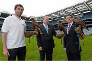 22 April 2013; Uachtarán Chumann Lúthchleas Gael Liam Ó Néill, Tyrone footballer Joe McMahon, left, and Specsavers partner Seamus Breslin, right, are joined by hawks from the Newgrange Falconry to announce Specsavers' sponsorship of the new Hawkeye point detection technology for both hurling and football at Croke Park. The new system, which will be first utilised on 1st June at the Leinster GAA Football Senior Championship quarter-final double header, provides real time imagery on the stadium's big screen of a ball's trajectory over the posts to remove any ambiguity over whether a point was scored or missed. Specsavers sponsorship will now mean that any tricky point decision can be made quickly avoiding any 'Should've gone to Specsavers' moments for match officials. Croke Park, Dublin. Photo by Sportsfile