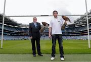 22 April 2013; Uachtarán Chumann Lúthchleas Gael Liam Ó Néill and Tyrone footballer Joe McMahon, right, are joined by hawks from the Newgrange Falconry to announce Specsavers' sponsorship of the new Hawkeye point detection technology for both hurling and football at Croke Park. The new system, which will be first utilised on 1st June at the Leinster GAA Football Senior Championship quarter-final double header, provides real time imagery on the stadium's big screen of a ball's trajectory over the posts to remove any ambiguity over whether a point was scored or missed. Specsavers sponsorship will now mean that any tricky point decision can be made quickly avoiding any 'Should've gone to Specsavers' moments for match officials. Croke Park, Dublin. Picture credit: Paul Mohan / SPORTSFILE