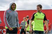23 April 2013; Munster's Simon Zebo, left, and Ronan O'Gara make their way out for squad training ahead of their side's Heineken Cup, Semi-Final, game against ASM Clermont Auvergne on Saturday. Munster Rugby Squad Training, Musgrave Park, Cork. Picture credit: Diarmuid Greene / SPORTSFILE
