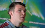 23 April 2013; Munster's Peter O'Mahony speaking during a media conference ahead of their side's Heineken Cup Semi-Final game against ASM Clermont Auvergne on Saturday. Munster Rugby Media Conference, Musgrave Park, Cork. Picture credit: Diarmuid Greene / SPORTSFILE