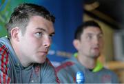 23 April 2013; Munster's Peter O'Mahony, left, and James Downey during a media conference ahead of their side's Heineken Cup Semi-Final game against ASM Clermont Auvergne on Saturday. Munster Rugby Media Conference, Musgrave Park, Cork. Picture credit: Diarmuid Greene / SPORTSFILE