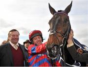 23 April 2013; Jockey Barry Geraghty celebrates with trainer Nicky Henderson after winning the Boylesports.com Champion Steeplechase on Sprinter Sacre. Punchestown Racecourse, Punchestown, Co. Kildare. Picture credit: Barry Cregg / SPORTSFILE
