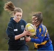 24 April 2013; Katie Donnelly, Manor House School, Raheny, Co. Dublin, is tagged by Ciara Talbot, St. Mark's C.S, Tallaght, Co. Dublin, during the Clondalkin Girls Tag Blitz. Clondalkin RFC, Clondalkin, Co. Dublin. Picture credit: David Maher / SPORTSFILE
