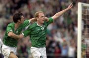 11 June 2003; Republic of Ireland's Gary Doherty celebrates with Gary Breen, left, after scoring his sides first goal. 2004 European Championship Qualifier, Republic of Ireland v Georgia, Lansdowne Road, Dublin. Soccer. Picture credit; Pat Murphy / SPORTSFILE *EDI*