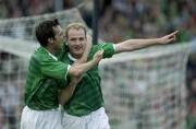 11 June 2003; Republic of Ireland's Gary Doherty celebrates with team-mate Gary Breen after scoring his sides opening goal. 2004 European Championship Qualifier, Republic of Ireland v Georgia, Lansdowne Road, Dublin. Soccer. Picture credit; Pat Murphy / SPORTSFILE *EDI*