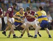 14 June 2003; Tony Og Regan, Galway, in action against Clare's James O'Connor and Barry Murphy (21). Guinness Senior Hurling Championship qualifier, Clare v Galway, Cusack Park, Ennis, Co. Clare. Picture credit; Brendan Moran / SPORTSFILE *EDI*