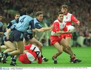 22 August 1993; Damien Barton, Derry, in action against Paul Bealan and Paddy Moran, Dublin. All Ireland footbal semi-final. Croker Park, Dublin. Picture credit; Ray McManus / SPORTSFILE