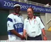 24 June 2003; Jamaican 10,000m Silver Maedalist Leo Murphy with Republic of Ireland soccer manager Brian Kerr during the 2003 Special Olympics World Summer Games, Morton Stadium, Santry, Dublin, Ireland. Picture credit; Ray McManus / SPORTSFILE