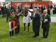 29 June 2003; Johnny Murtagh celebrates winning The Budweiser Irish Derby on Alamshar with owner and trainer John Oxx, far right, at the Curragh, Co. Kildare. Picture credit; Matt Browne / SPORTSFILE *EDI*