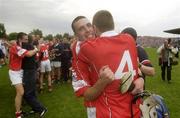 29 June 2003; Ronan Curran, left, celebrates with Cork team-mate Diarmuid O'Sullivan after the Guinness Munster Senior Hurling Championship Final match between Cork and Waterford at Semple Stadium in Thurles, Tipperary. Photo by David Maher/Sportsfile
