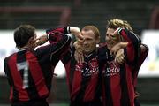 30 June 2003; Glen Crowe, centre celebrates after scoring his side's first goal with Bohemians team-mates Bobby Ryan, left, and Robbie Doyle during the Eircom League Premier Division match between Bohemians and Cork City at Dalymount Park in Dublin. Photo by David Maher/Sportsfile