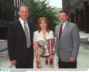 1 July 2003; Mayo manager John Maughan, left, Galway manager John O'Mahony, right, and Lisa Browne, Sponsorship manager for Bank of Ireland, holding the Nester Cup, at Bank of Ireland Headquarters, Baggott Street in Dublin, before the Bank of Ireland Connacht Football Final between Galway and Mayo, which takes place on 6th July, in Pearse Stadium, Galway. Photo by Damien Eagers/Sportsfile