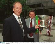 1 July 2003; Galway manager John O'Mahony, right, and Mayo manager John Maughan with the Nester Cup at Bank of Ireland Headquarters, Baggott Street in Dublin, before the Bank of Ireland Connacht Football Final between Galway and Mayo, which takes place on 6th July, in Pearse Stadium, Galway. Photo by Damien Eagers/Sportsfile