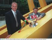 1 July 2003; Galway manager John O'Mahony, right, and Mayo manager John Maughan with the Nester Cup at Bank of Ireland Headquarters, Baggott Street in Dublin, before the Bank of Ireland Connacht Football Final between Galway and Mayo, which takes place on 6th July, in Pearse Stadium, Galway. Photo by Damien Eagers/Sportsfile