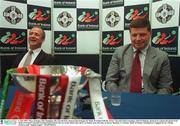 1 July 2003; Galway manager John O'Mahony, right, and Mayo manager John Maughan during a Press Conference at Bank of Ireland Headquarters, Baggott Street in Dublin, before the Bank of Ireland Connacht Football Final between Galway and Mayo, which takes place on 6th July, in Pearse Stadium, Galway. Photo by Damien Eagers/Sportsfile