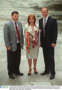 1 July 2003; Mayo manager John Maughan, right, Galway manager John O'Mahony, left, and Lisa Browne, Sponsorship manager for Bank of Ireland, holding the Nester Cup, at Bank of Ireland Headquarters, Baggott Street in Dublin, before the Bank of Ireland Connacht Football Final between Galway and Mayo, which takes place on 6th July, in Pearse Stadium, Galway. Photo by Damien Eagers/Sportsfile
