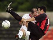 1 July 2003; Brian Byrne of Longford Town in action against Thomas Morgan of Shelbourne during the Eircom League Premier Division between Longford Town and Shelbourne at Flancare Park in Longford. Photo by David Maher/Sportsfile