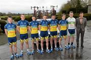 24 April 2013; At the launch of the Nicolas Roche Performance Standard Life Team are professional cyclist Nicolas Roche, right, with members of the team, from left to right, Darragh Long, Mark Downey, Matthew Teggart, Fintan Ryan, Danny Bruton, David McCarthy and Liam Corcoran. Carton House, Maynooth, Co. Kildare. Picture credit: David Maher / SPORTSFILE