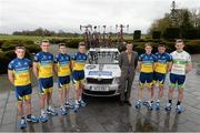 24 April 2013; At the launch of the Nicolas Roche Performance Standard Life Team was professional cyclist, Nicolas Roche, fourth from right, with members of the team, from left to right, Darragh Long, Mark Downey, Matthew Teggart, Fintan Ryan, Danny Bruton, David McCarthy and Liam Corcoran. Carton House, Maynooth, Co. Kildare. Picture credit: David Maher / SPORTSFILE