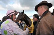 25 April 2013; Jockey Ruby Walsh speaking to trainer Willie Mullins in the winners enclosure after winning the Ryanair Novice Steeplechase on Arvika Ligeonniere. Punchestown Racecourse, Punchestown, Co. Kildare. Picture credit: Barry Cregg / SPORTSFILE