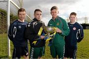 26 April 2013; Shelbourne FC were on hand to show their support for Sheriff YC ahead of this weekend’s FAI Junior Cup Semi Final in association with Aviva and Umbro.  Sheriff YC players John Lester, second from left, and Gavin McDermott with the FAI Junior Cup were joined by Shelbourne’s Stephen Hurley, left, and Adam Hanlon, ahead of Sheriff’s semi final tie against Carew Park from Limerick on Saturday at Frank Cooke Park in Dublin.  The second semi final sees Kilbarrack United from Dublin take on Pike Rovers from Limerick on Sunday.  The winners of this weekend’s FAI Junior Cup Semi Finals will play the final at the Aviva Stadium on 2nd June ahead of Ireland’s Senior International friendly against Georgia. AUL Complex, Clonshaugh, Dublin. Picture credit: Brian Lawless / SPORTSFILE