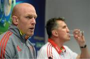 26 April 2013; Munster's Paul O'Connell, left, and head coach Rob Penney during a press conference ahead of their Heineken Cup semi-final against ASM Clermont Auvergne on Saturday. Munster Rugby Press Conference, Stade de la Mosson, Montpellier, France. Picture credit: Diarmuid Greene / SPORTSFILE