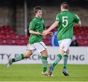 26 April 2013; Alex Byrne, Republic of Ireland Schools, left, celebrates with team-mate Patrick Fitzgerald after scoring his side's second goal. Centenary Shield, Republic of Ireland Schools v England Schools, Turner’s Cross Stadium, Cork. Picture credit: Stephen McCarthy / SPORTSFILE