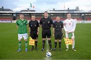 26 April 2013; Referee Keith Callanan and his officials with Republic of Ireland Schools captain Patrick Fitzgerlad and England Schools captain Conor McCormack. Centenary Shield, Republic of Ireland Schools v England Schools, Turner’s Cross Stadium, Cork. Picture credit: Stephen McCarthy / SPORTSFILE