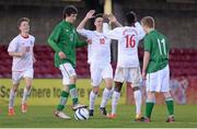 26 April 2013; Rhys Turner, England Schools, 10, celebrates after scoring his side's second goal with team-mate Shaquille Hippolyte-Patrick, 16. Centenary Shield, Republic of Ireland Schools v England Schools, Turner’s Cross Stadium, Cork. Picture credit: Stephen McCarthy / SPORTSFILE