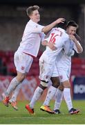 26 April 2013; Rhys Turner, England Schools, right, celebrates after scoring his side's second goal with team-mates Shaquille Hippolyte-Patrick, 16, and Nick Haughton, left. Centenary Shield, Republic of Ireland Schools v England Schools, Turner’s Cross Stadium, Cork. Picture credit: Stephen McCarthy / SPORTSFILE