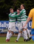 27 April 2013; Anthony Kane, Sheriff YC, celebrates after scoring his side's first goal with team-mates Joseph O'Neill, left, and Gavin McDermott. FAI Junior Cup Semi-Final, in association with Umbro and Aviva, Sheriff YC v Carew Park, Frank Cooke Park, Dublin. Photo by Sportsfile